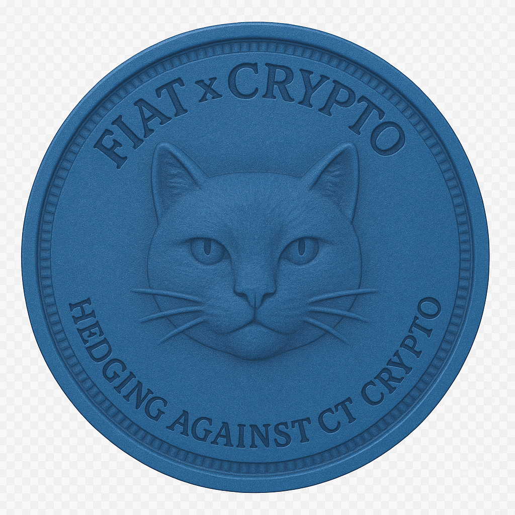 A blue coin featuring a cat's face and the words "FIAT x CRYPTO" and "HEDGING AGAINST CT CRYPTO" around the edge.