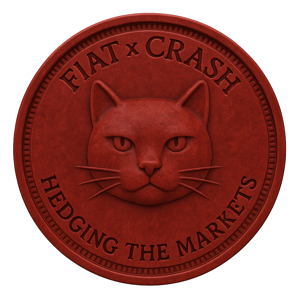 A red coin with a cat's face in the center, the words "FAT CASH" at the top and "HEDGING THE MARKETS" at the bottom.