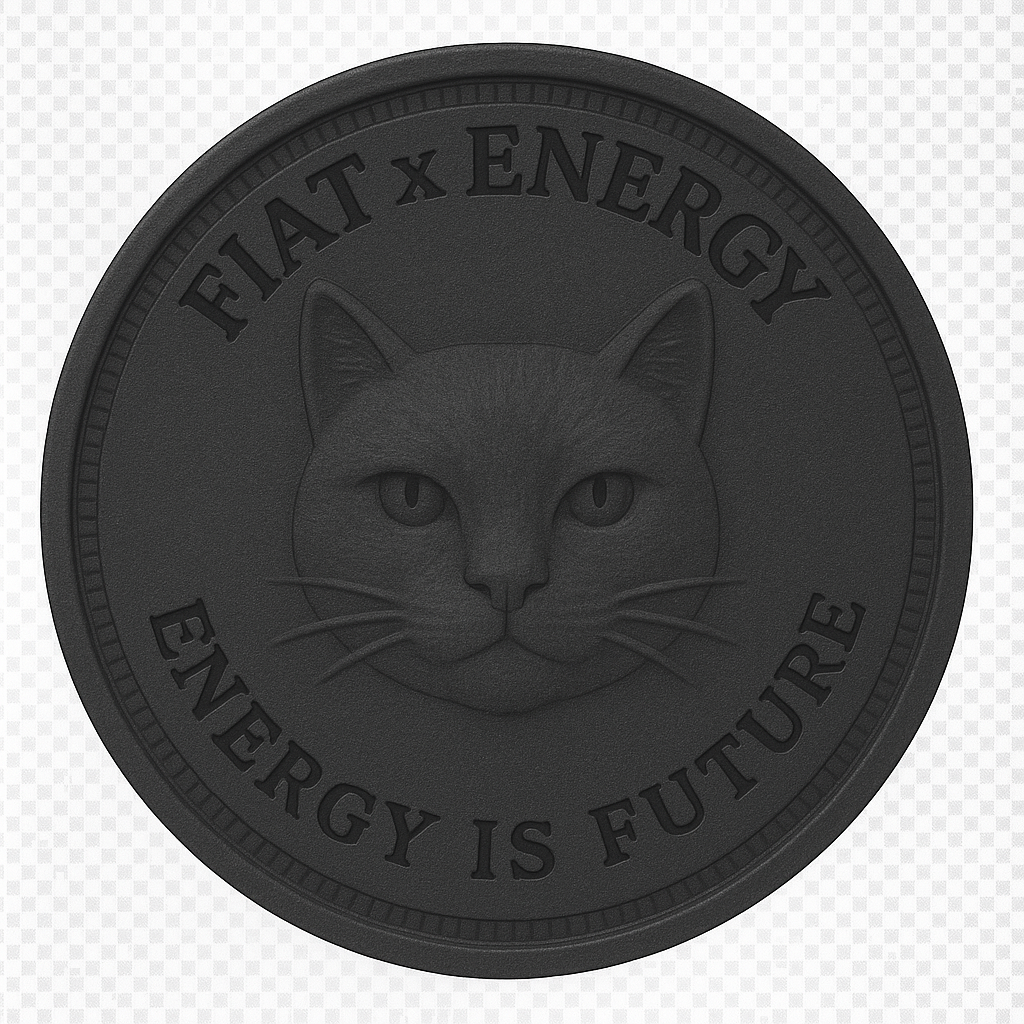 Black coin with a cat's face engraved in the center, and the words 'Fiat x Energy' at the top and 'Energy is Future' at the bottom.