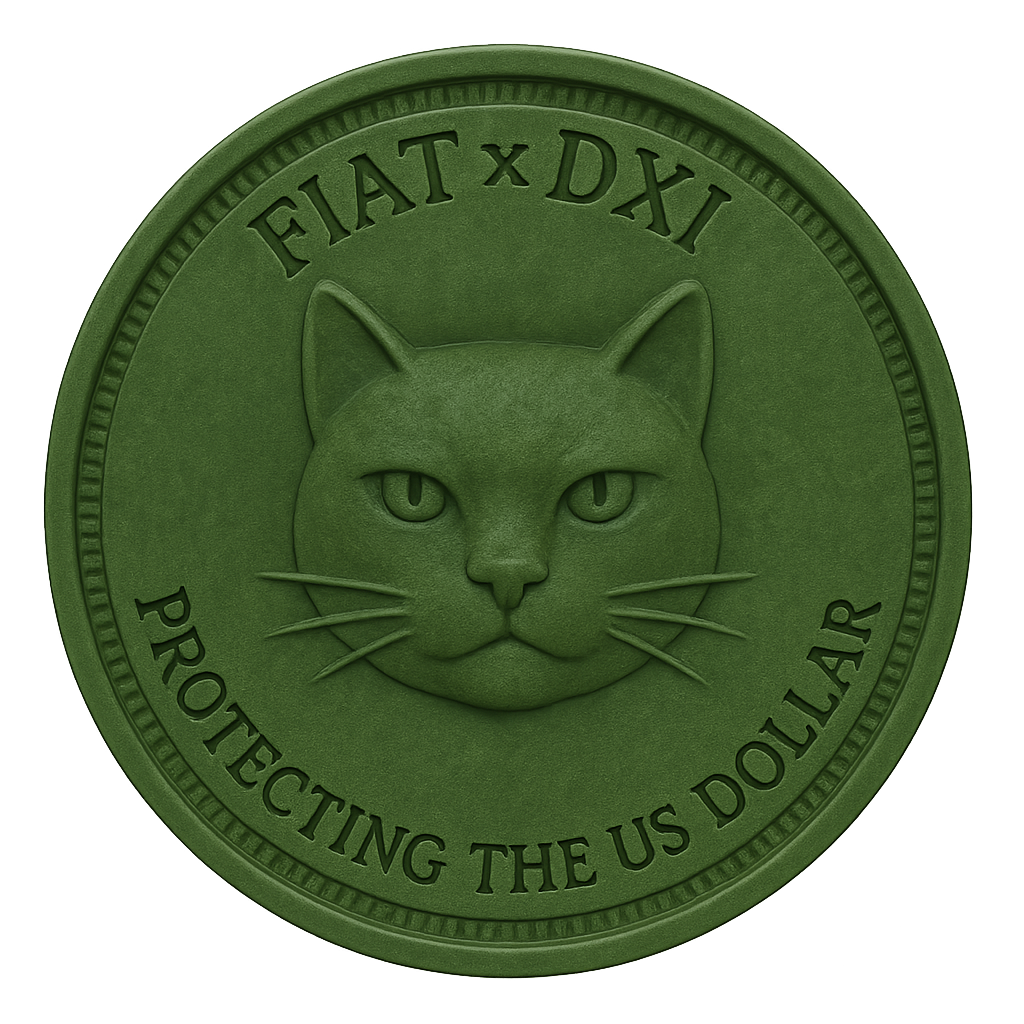 A green coin with a cat's face in the center. The coin has the words "FIAT DXY" at the top and "PROTECTING THE US DOLLAR" at the bottom.