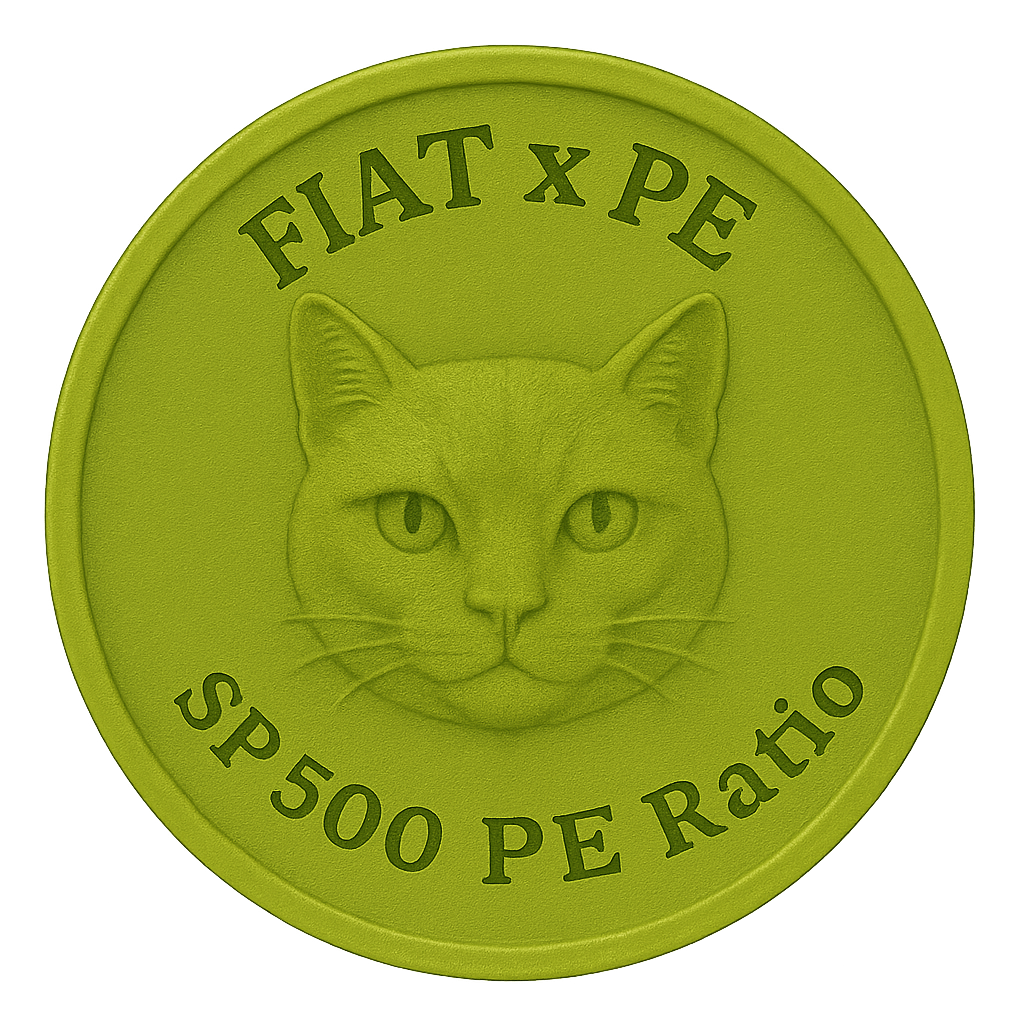 Green pet food coin with a cat's face, displaying the brand 'FIAT X PE' and the label 'SP 500 PE Ratio.'