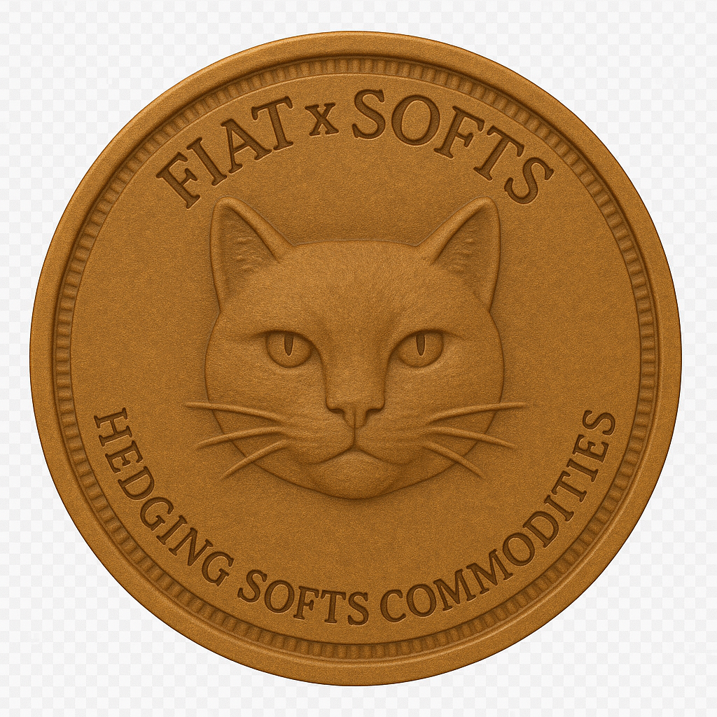 A round, gold-colored coin featuring a detailed image of a cat's face in the center. The top of the coin reads "FIAT x SOFTS," and the bottom says "HEDGING SOFTS COMMODITIES."