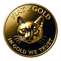 Gold coin featuring a black cat's face and the text 'FIAT x GOLD' and 'IN GOLD WE TRUST'