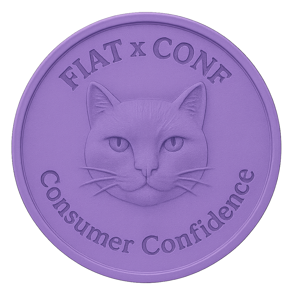 Purple circular token with a cat's face in the center, and the words 'FLAT x CONFIDENT' at the top and 'Consumer Confidence' at the bottom.