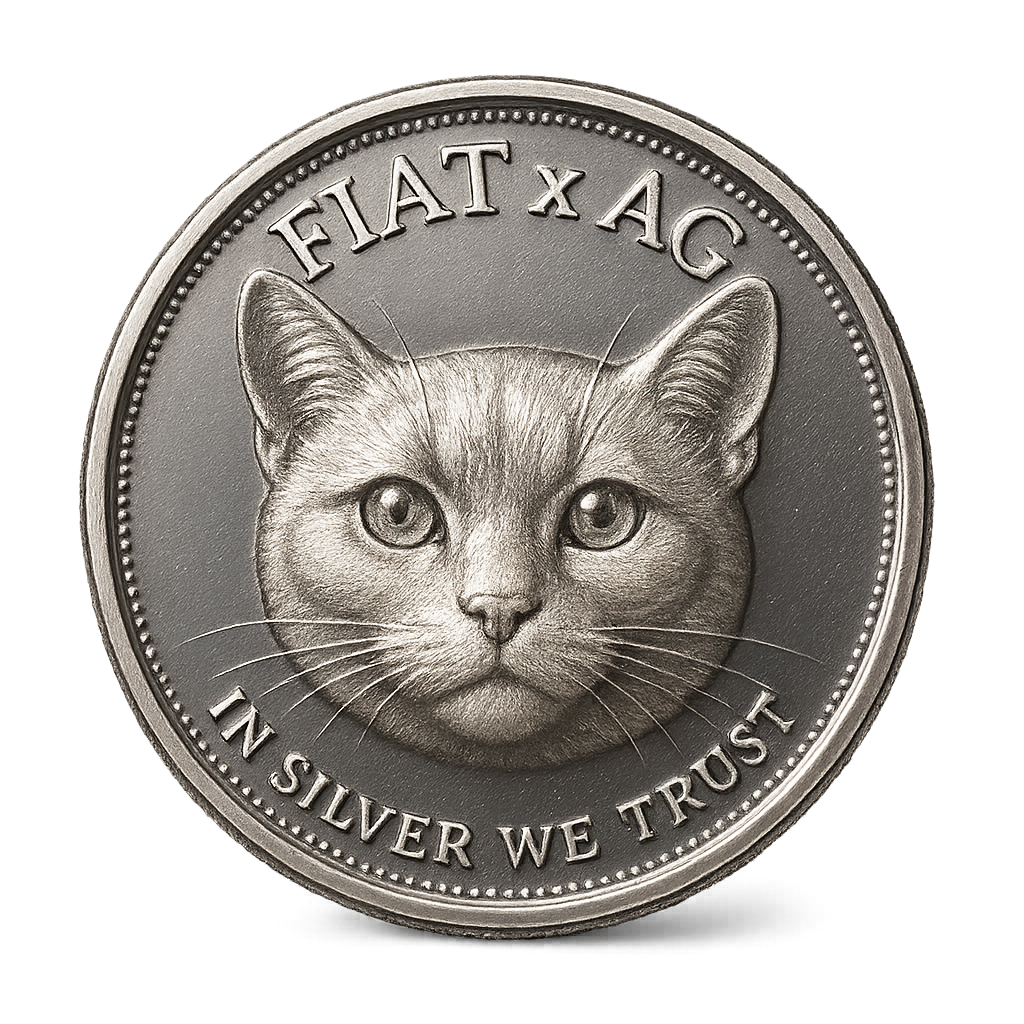 A silver coin featuring a detailed engraving of a cat's face, with the words 'FIAT x A G' at the top and 'IN SILVER WE TRUST' at the bottom.