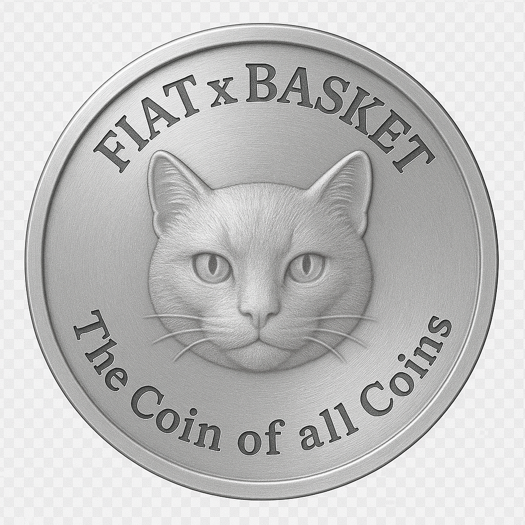 Metal coin with a feline face in the center and the words "FAT x BASKET" at the top and "The coin of all coins" at the bottom.