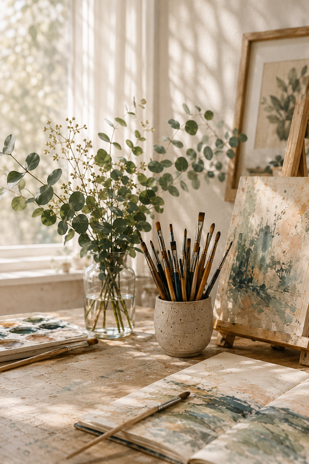 A painting workspace with a table holding watercolor paints, brushes, a sketchpad, and a vase of eucalyptus branches, with framed artwork and a window in the background.