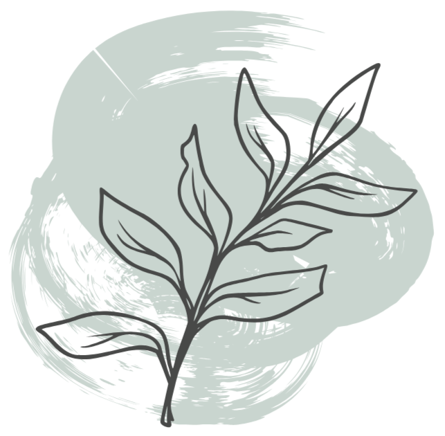 Illustration of a sprig of leaves with a background of textured brush strokes in greenish tones.