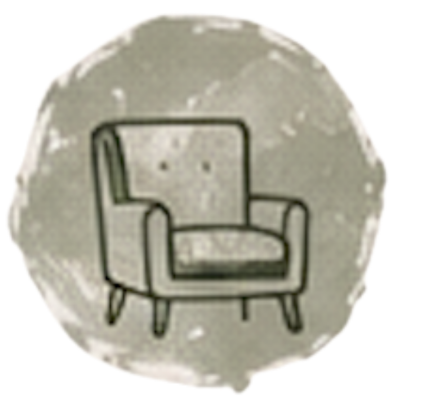 Illustration of a cozy armchair with a high back and armrests, depicted on a round, textured background.