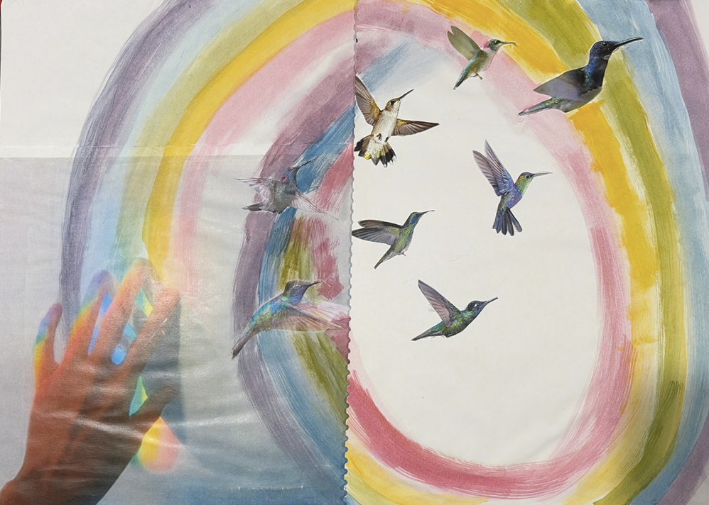 A colorful artwork featuring a rainbow with a hand reaching towards it on the left side. The rainbow transitions into a flock of hummingbirds flying across the image, with the background on the right side mostly white.