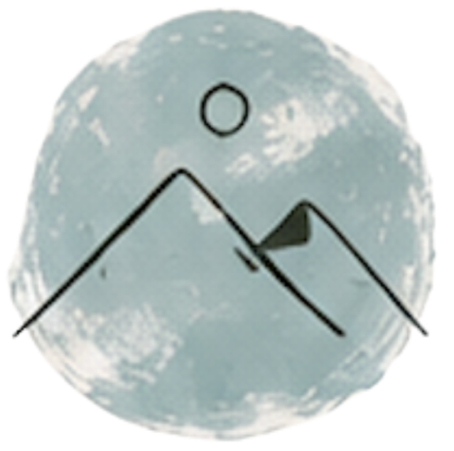 Illustration of a mountainous landscape with a large circle and a smaller circle above it, representing the moon and sun.