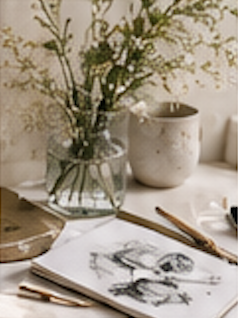 A table with a glass jar of dried flowers, a white ceramic pot, and a sketchbook with a drawing of a bicycle, along with some pencils and a paintbrush.