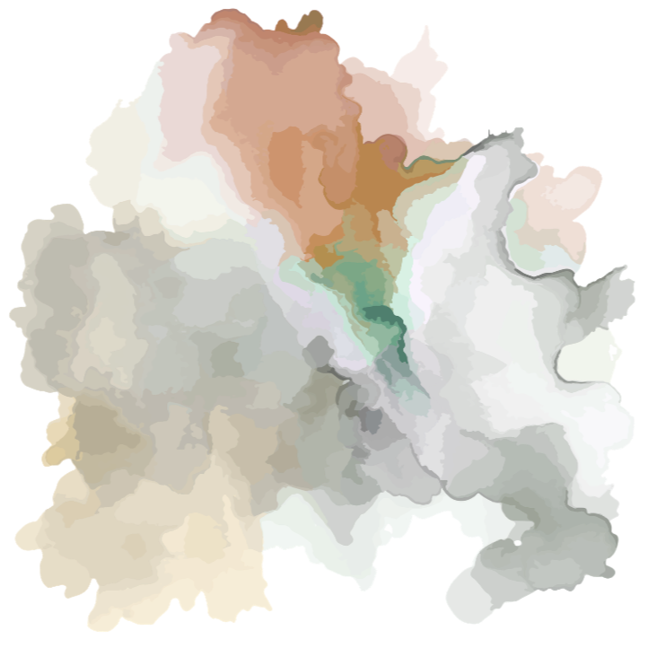 An abstract watercolor painting of a white and gray dog with brown and green accents.