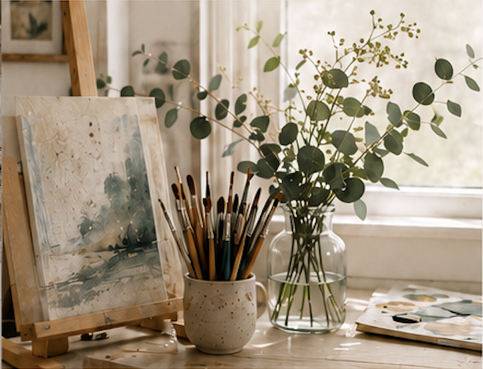 Art supplies, including paintbrushes in a cup, an abstract painting on an easel, and a bouquet of eucalyptus in a glass vase on a wooden table near a window.