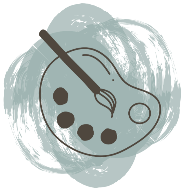 An artist's paint palette with various paint spots and a paintbrush with a palette knife.