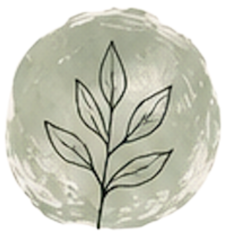 Illustration of a plant with multiple leaves inside a grayish irregularly shaped circle.