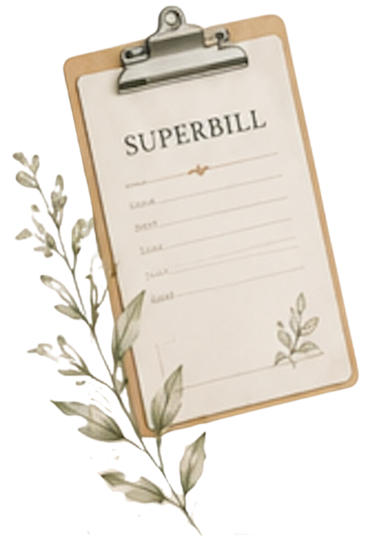 A wooden clipboard with a notepad that has 'SUPERBILL' at the top, decorated with a leafy branch on the side.
