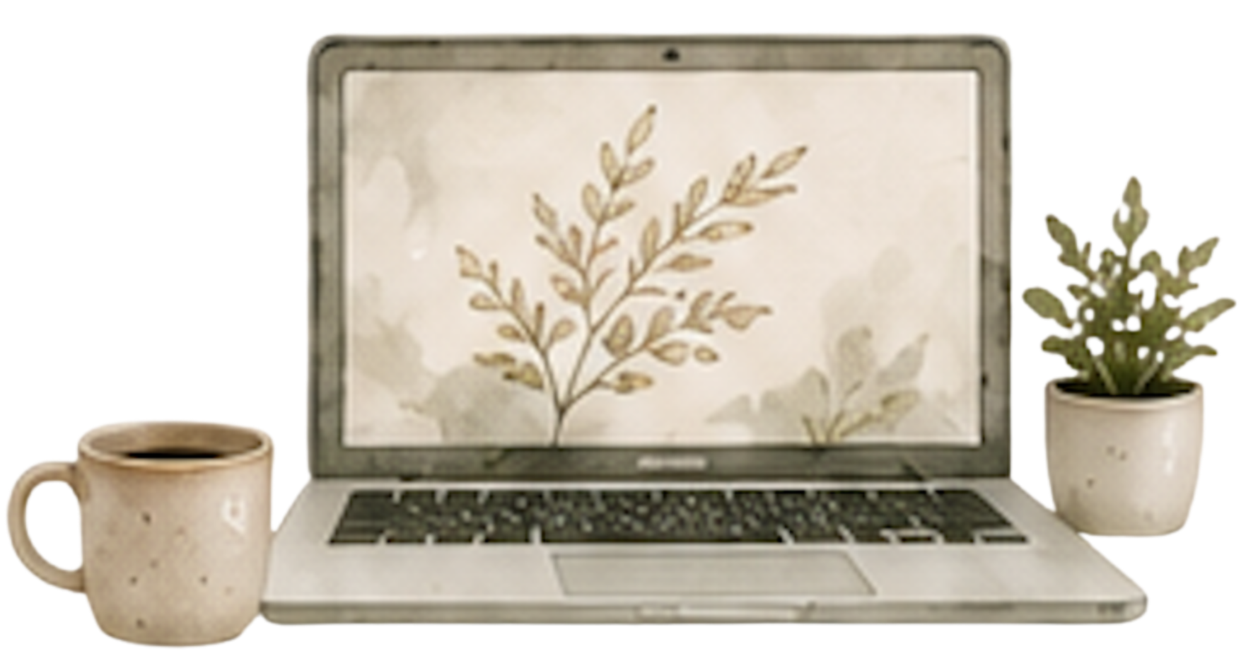 Laptop with botanical screen saver, cream-colored polka dot coffee mug filled with coffee on the left, potted green succulent plant on the right.