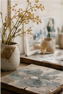 A white vase with yellow dried flowers on a table next to a painting or print with blue and white tones.