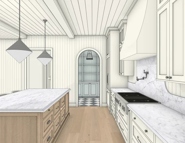 Kitchen with white cabinetry, marble countertops, and a central island with a marble top. Pendant lights hang above the island. There is a stove with a range hood, and a built-in cabinet with an arched doorway leading to another room with checkered black and white floor.
