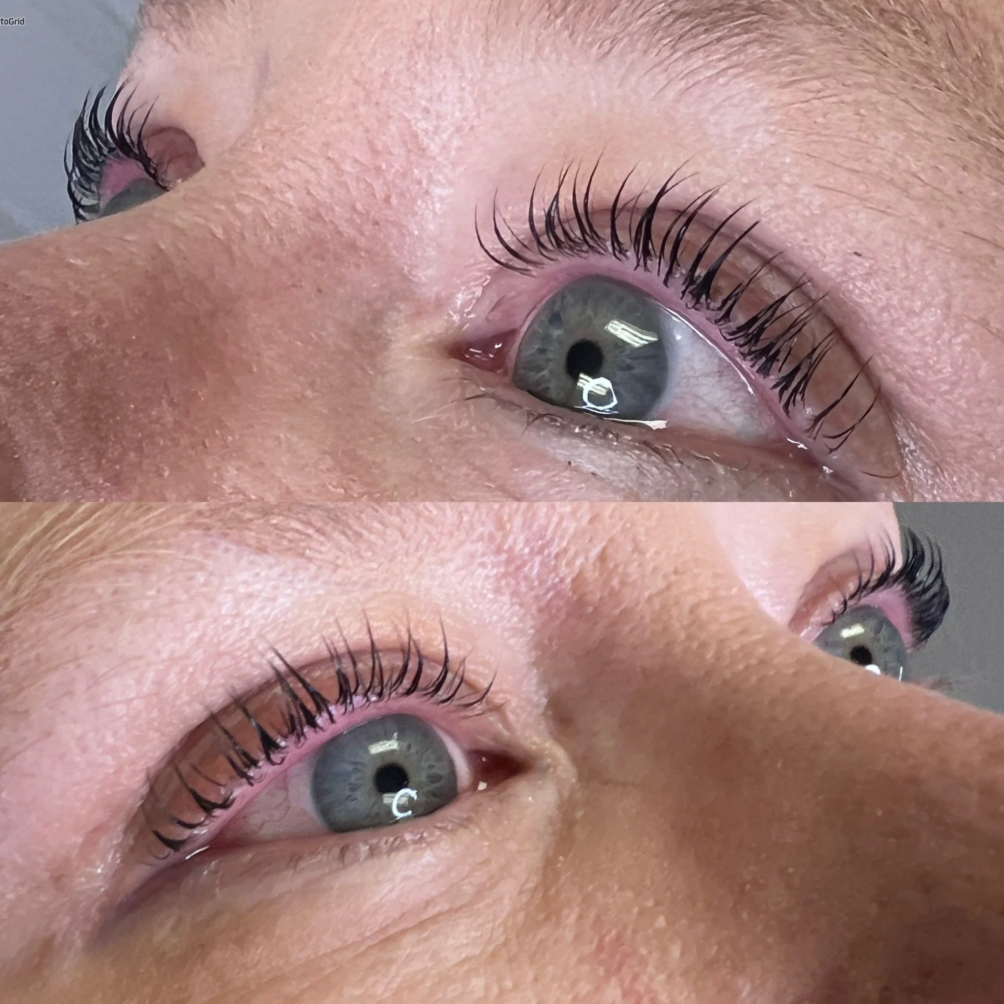 Side-by-side before and after comparison of a lash lift, showing natural lashes lifted, curled, and visibly more defined after treatment.