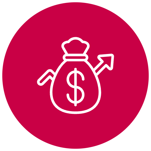 Icon of a money bag with a dollar sign, with upward and downward arrows, on a red circular background.