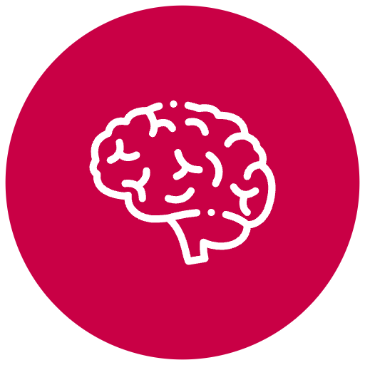 Line drawing of a human brain inside a pink circular background.