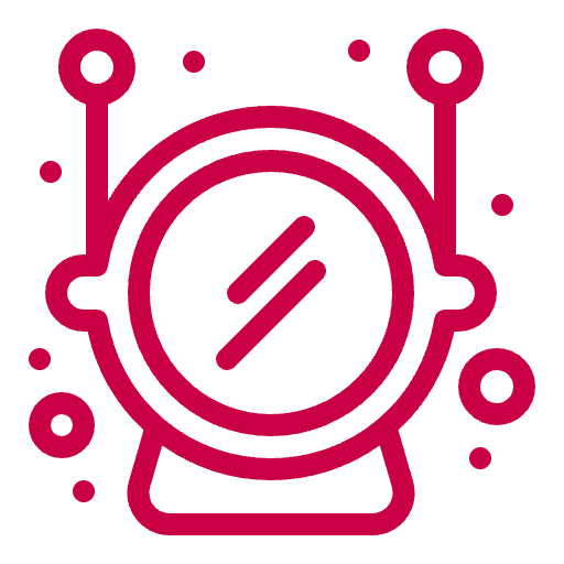 A stylized icon of a robot head with antennae and circular eyes, depicted in magenta on a black background.