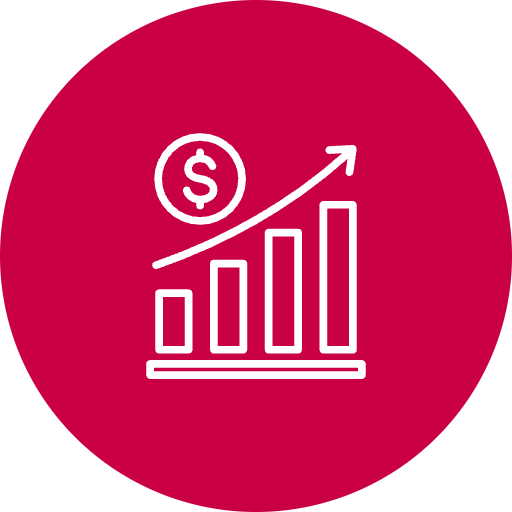 Icon of a bar graph with an upward trending arrow and a dollar sign, representing financial growth.