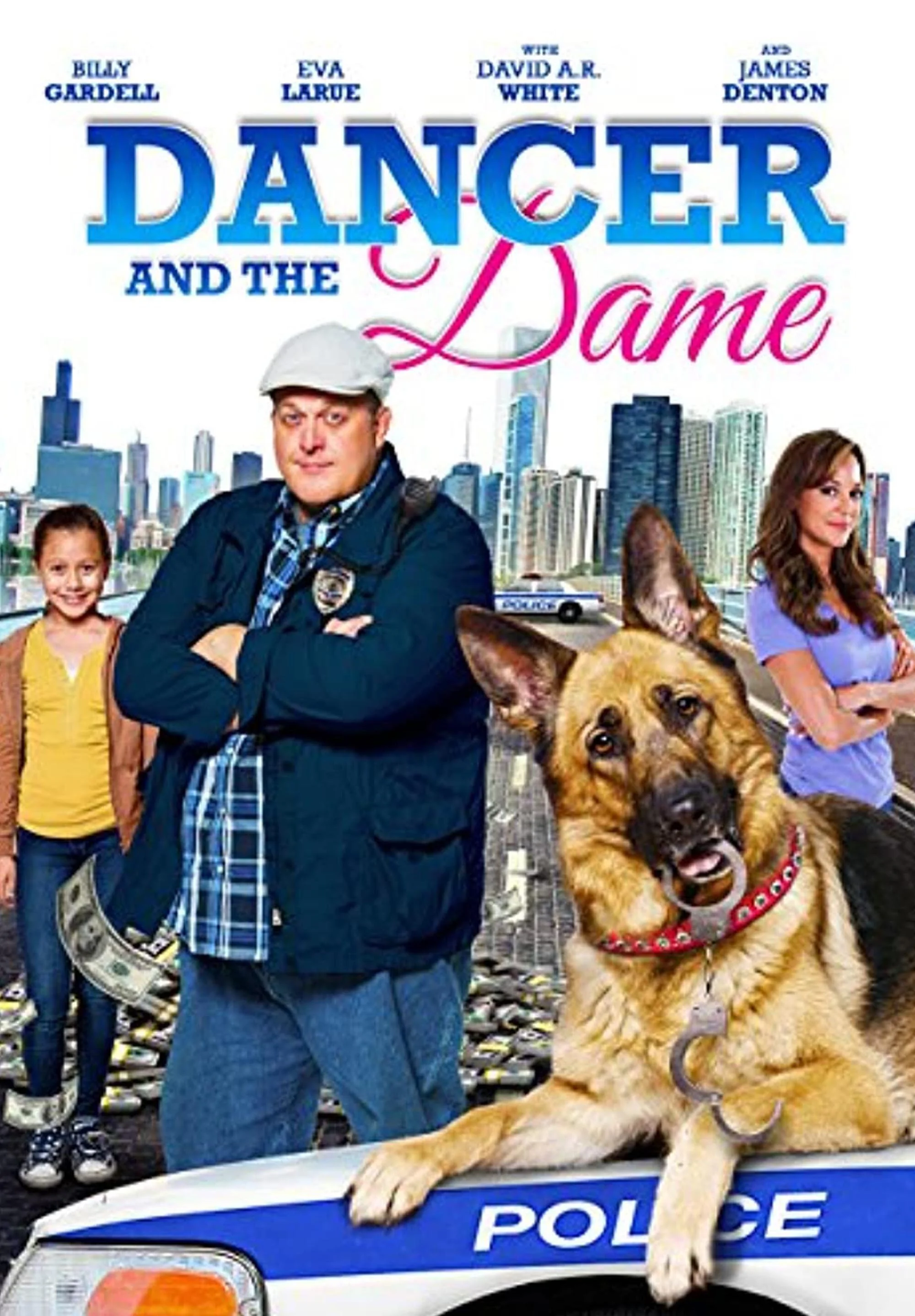 The poster for the movie 'Dancer and the Same' features four characters: a man dressed as a police officer, a young girl, a woman, and a German shepherd dog lying on a police car. The background shows a cityscape.