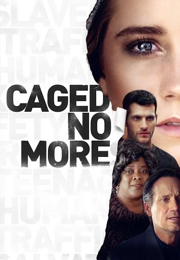 Poster with faces of four people, one large woman and three smaller individuals below her, with bold black text that reads "CAGED NO MORE" and a background of faint words including "HUMAN" and others.