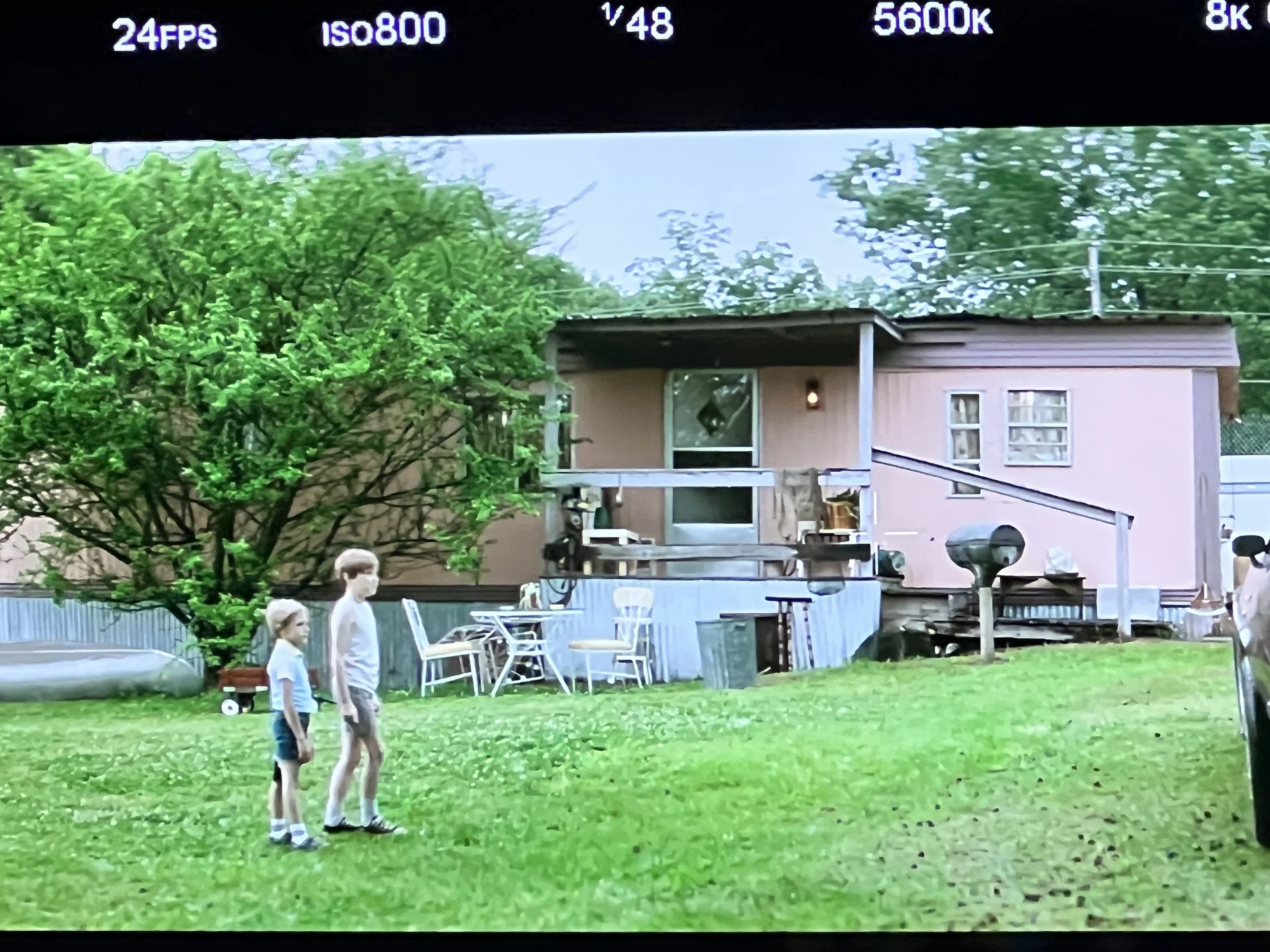 A backyard scene with two children, a boy and girl, standing on green grass near a large leafy tree. In the background, there is a single-story house with a pink exterior, windows, a small deck with chairs, and a grill. The weather appears to be over