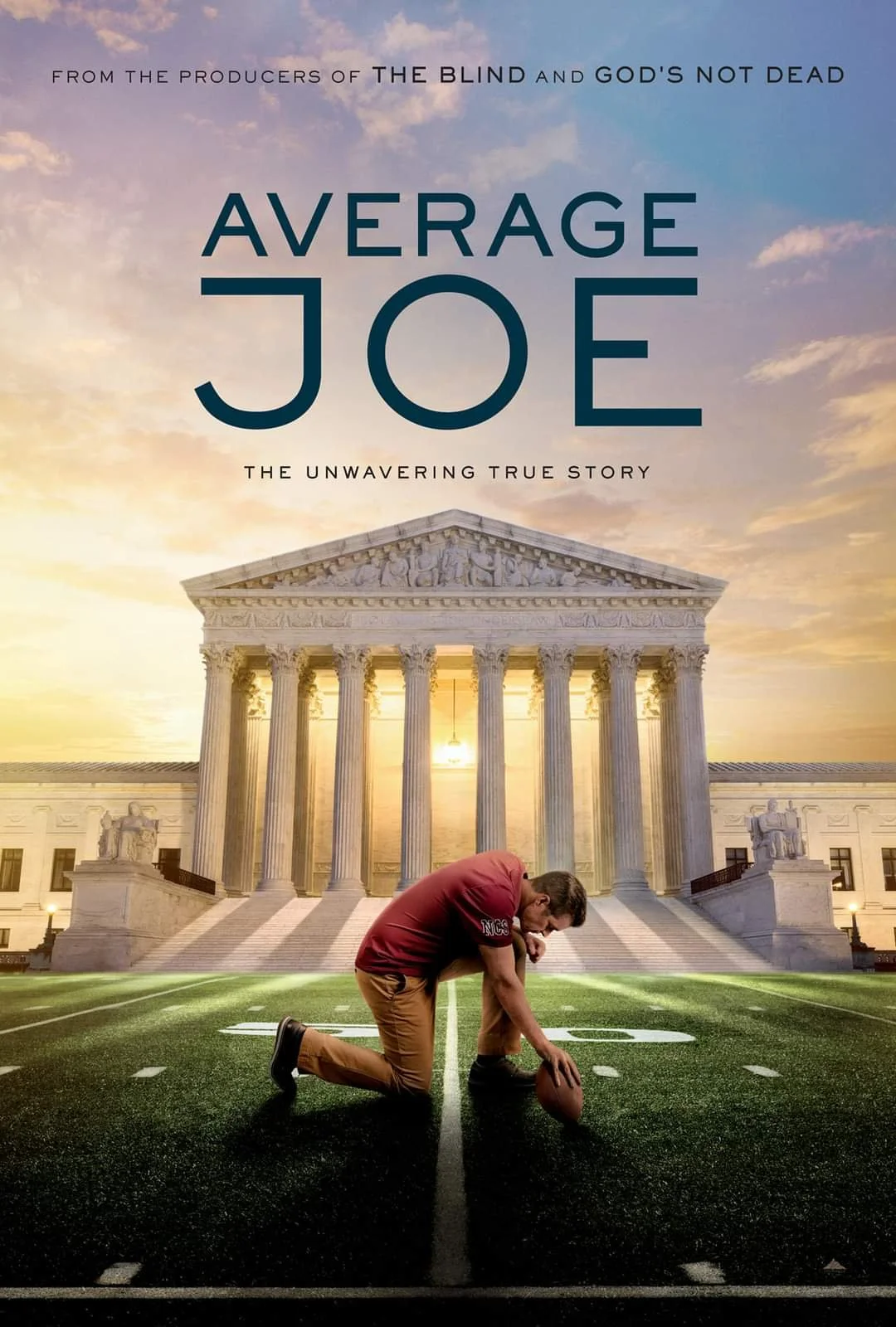 Book cover for 'Average Joe', showing a man in a red shirt and khaki pants kneeling on a football field, placing a football on the ground, with the US Supreme Court building in the background at sunset.