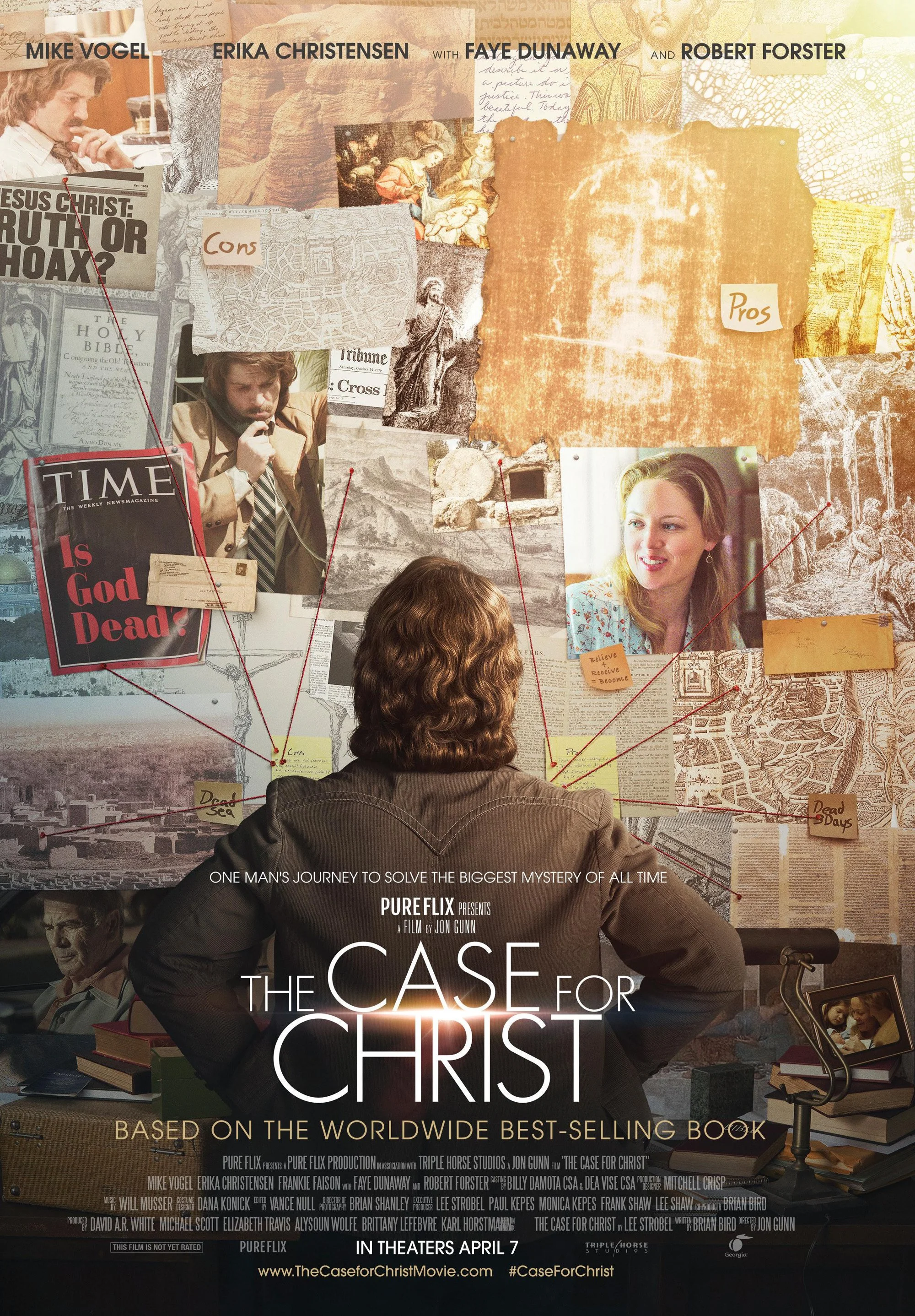 A promotional poster for the movie 'The Case for Christ,' showing a man with curly brown hair looking at a collage of images, text, annotations, and photographs related to religious investigation. The poster includes mentions of actors Mike Vogel, Erika Christensen, Faye Dunaway, and Robert Forster, and features various magazine covers, maps, handwritten notes, and photos of people engaged in religious or investigative themes. The tagline states: 'One man's journey to solve the biggest mystery of all time.'