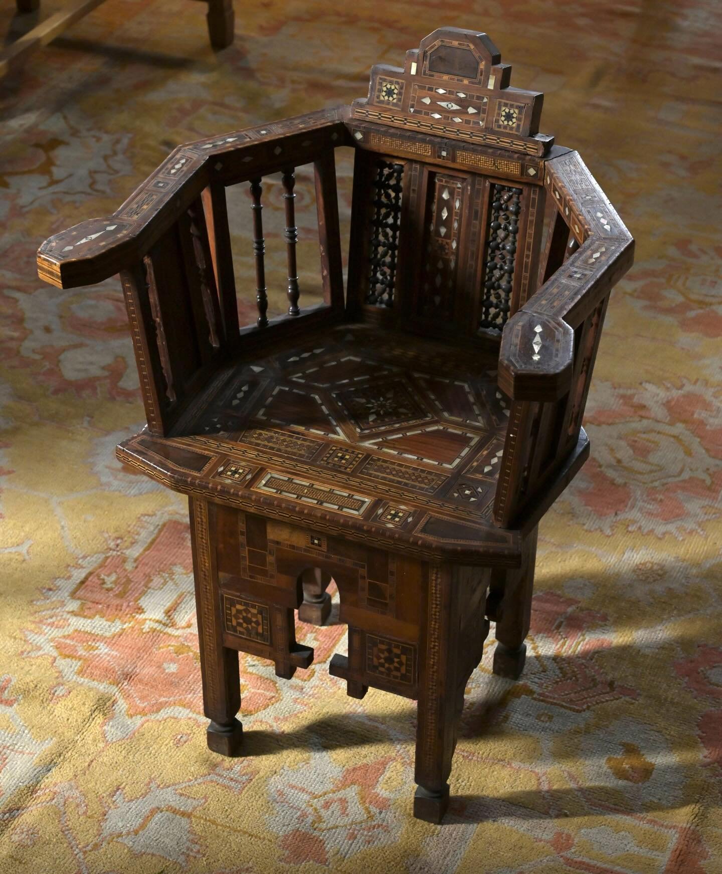 A late 19th century Syrian marquetry armchair with mother-of-pearl inlay, presented by Maxim Dimitry @maxim.dimitry at the first annual YADA Antiques Show.