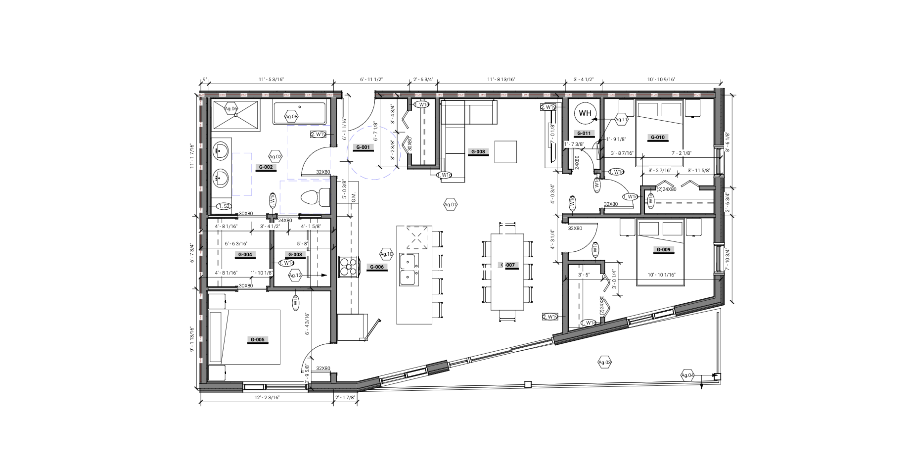 Plan d'architecture d'un appartement avec plusieurs pièces, y compris des chambres, une cuisine, une salle de bain, et un salon, avec des mesures et des détails techniques.