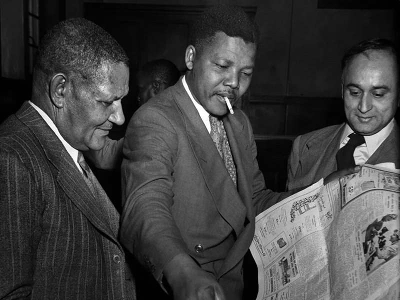 Nelson Mandela (flanked by Dr. Moroka, Yusuf Dadoo)