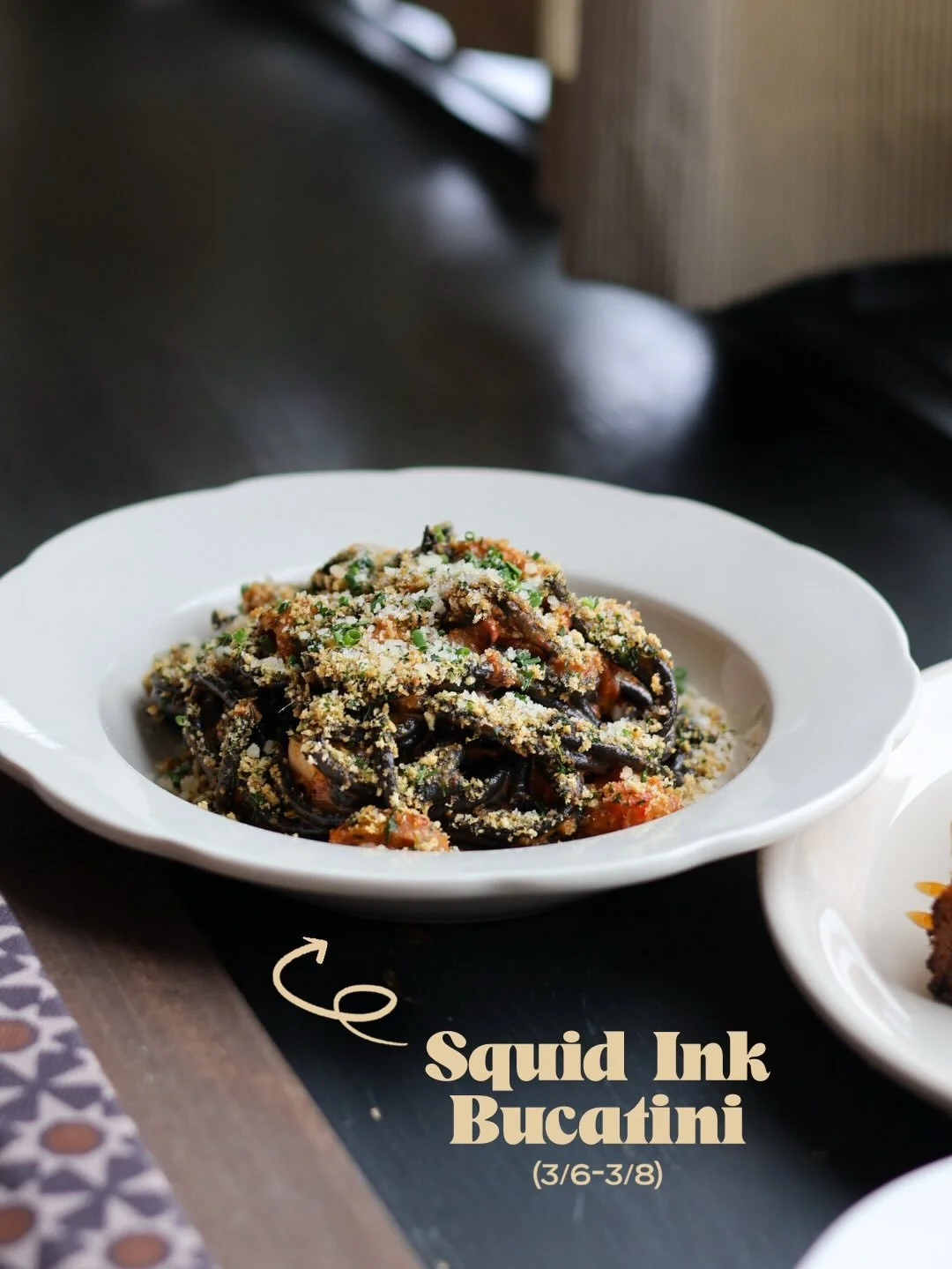 Oooh yeah - We absolutely do weekend specials! 

Weekend of 3/6-3/8:
Squid Ink Bucatini - octopus and shrimp ragu, breadcrumbs, chive

Pimento Cheese - sourdough toast with whipped ricotta pimento cheese and smokey hot honey

Housemade Mortadella - (