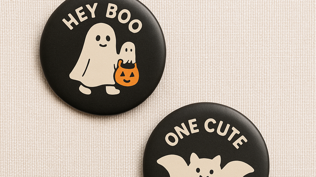 Two black circular buttons with Halloween-themed cartoon designs. The top button features a ghost with the text "HEY BOO" and a smaller ghost holding a pumpkin-shaped bag. The bottom button has a cute cartoon animal, possibly a cat, with the text "ONE CUTE".