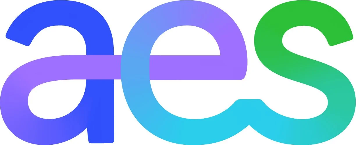 Colorful gradient logo spelling out "aes" with the letters connected.