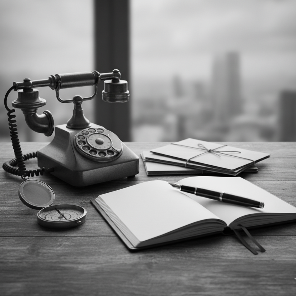 A vintage rotary telephone, an open notebook with a pen, a compass, and a stack of tied papers on a wooden desk with a cityscape view in the background.