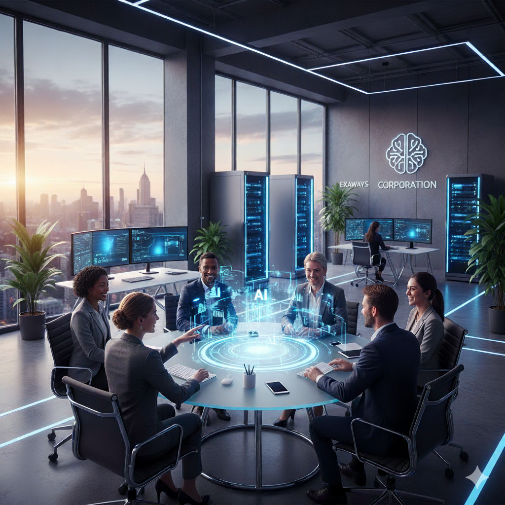 Business meeting in a high-tech office with six people sitting around a round table, holographic AI interface projected in the center, large windows showing city skyline at sunset, computer servers in the background, and a modern corporate logo on the wall reading 'EXAWAYS CORPORATION'.