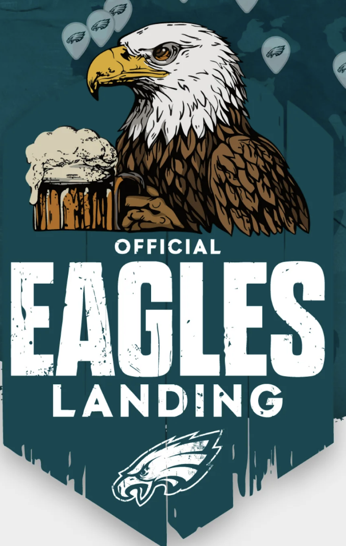 Illustration of an eagle's head holding a mug of beer, with Eagles logos and the text 'Official Eagles Landing' at the bottom.