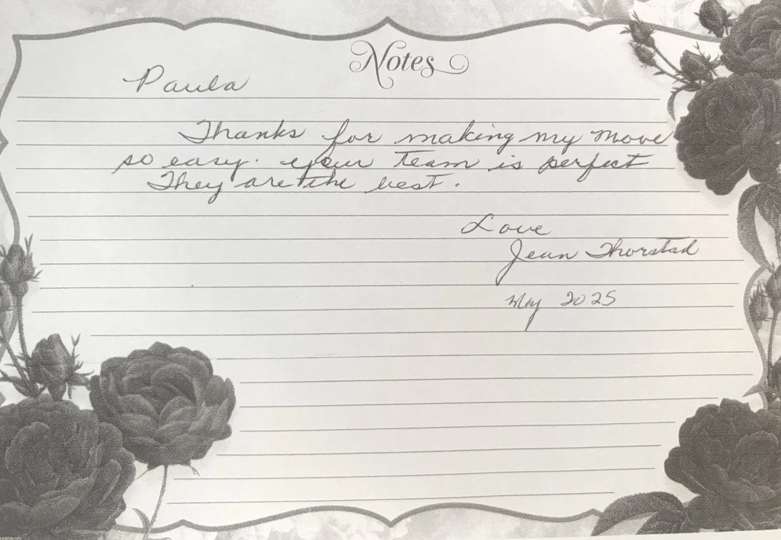 A handwritten note on a decorative paper with a floral border, expressing gratitude and love, signed by Jean Thorstad dated May 20, 2025.