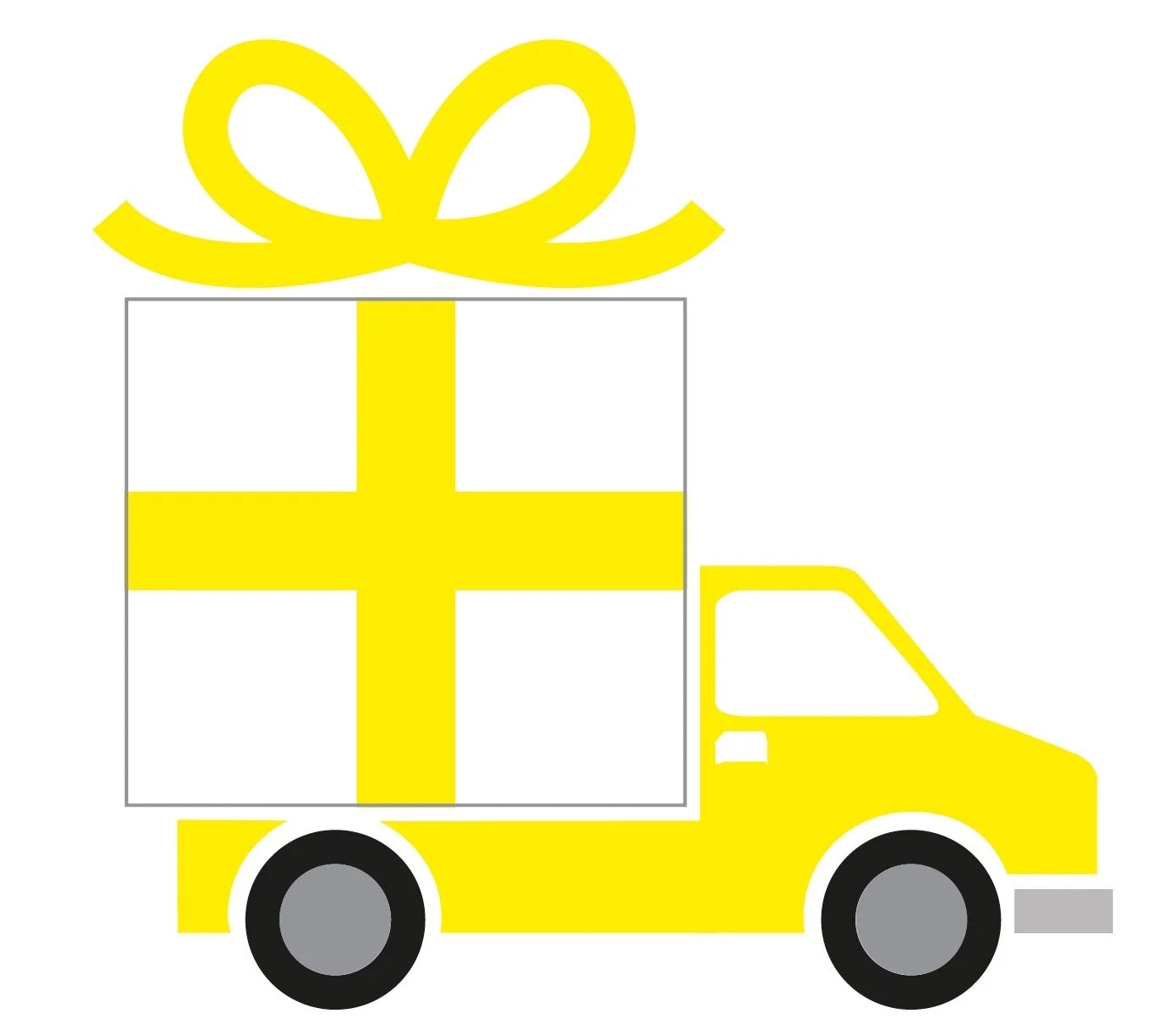Illustration of a yellow delivery truck with a large white box on the back, decorated with a yellow cross, and a yellow bow on top.
