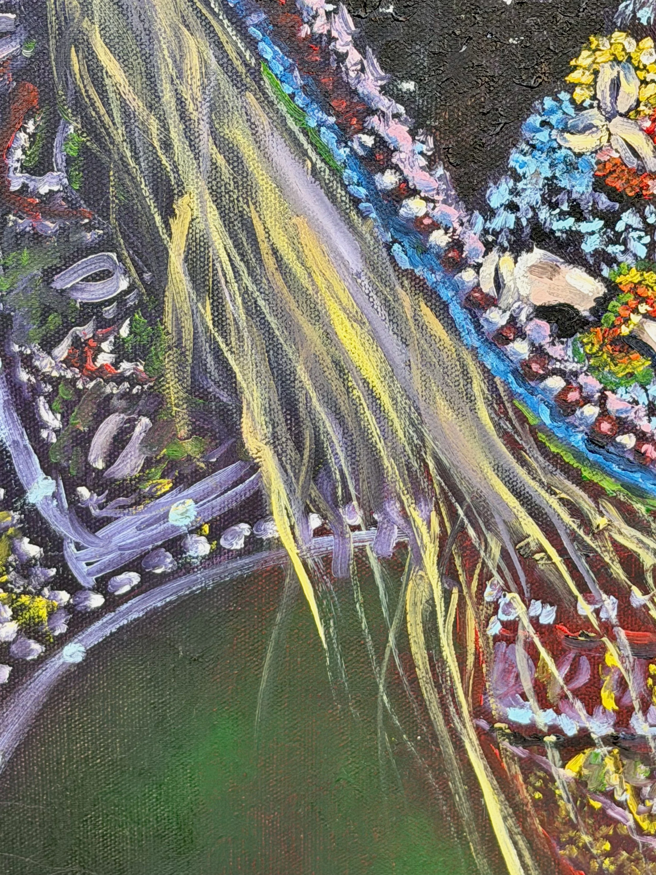 Close-up of a vibrant, abstract painting featuring plant roots, colorful flowers, and a pot, painted with thick, textured brushstrokes.