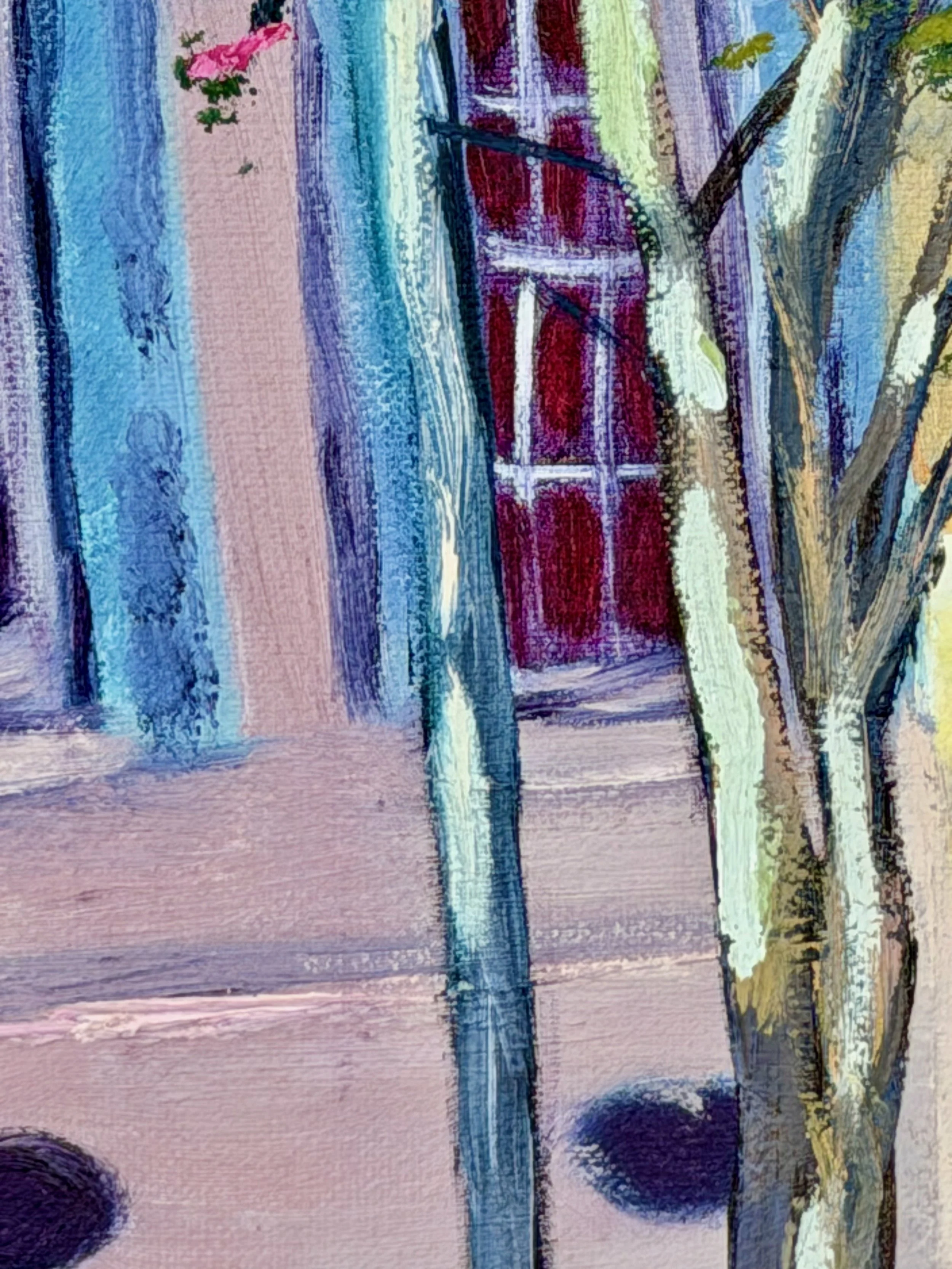 Colorful painting of a house with a tree in front and a red window.