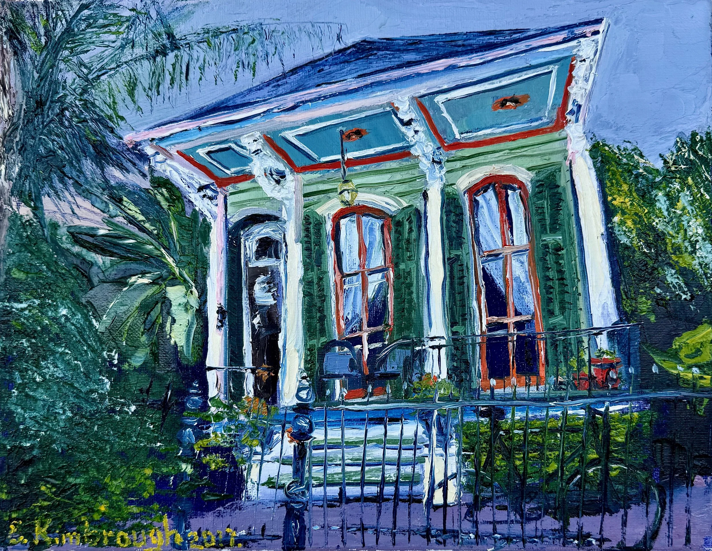Painting of a green Victorian house with large windows, a front porch, and iron fence, surrounded by lush greenery.