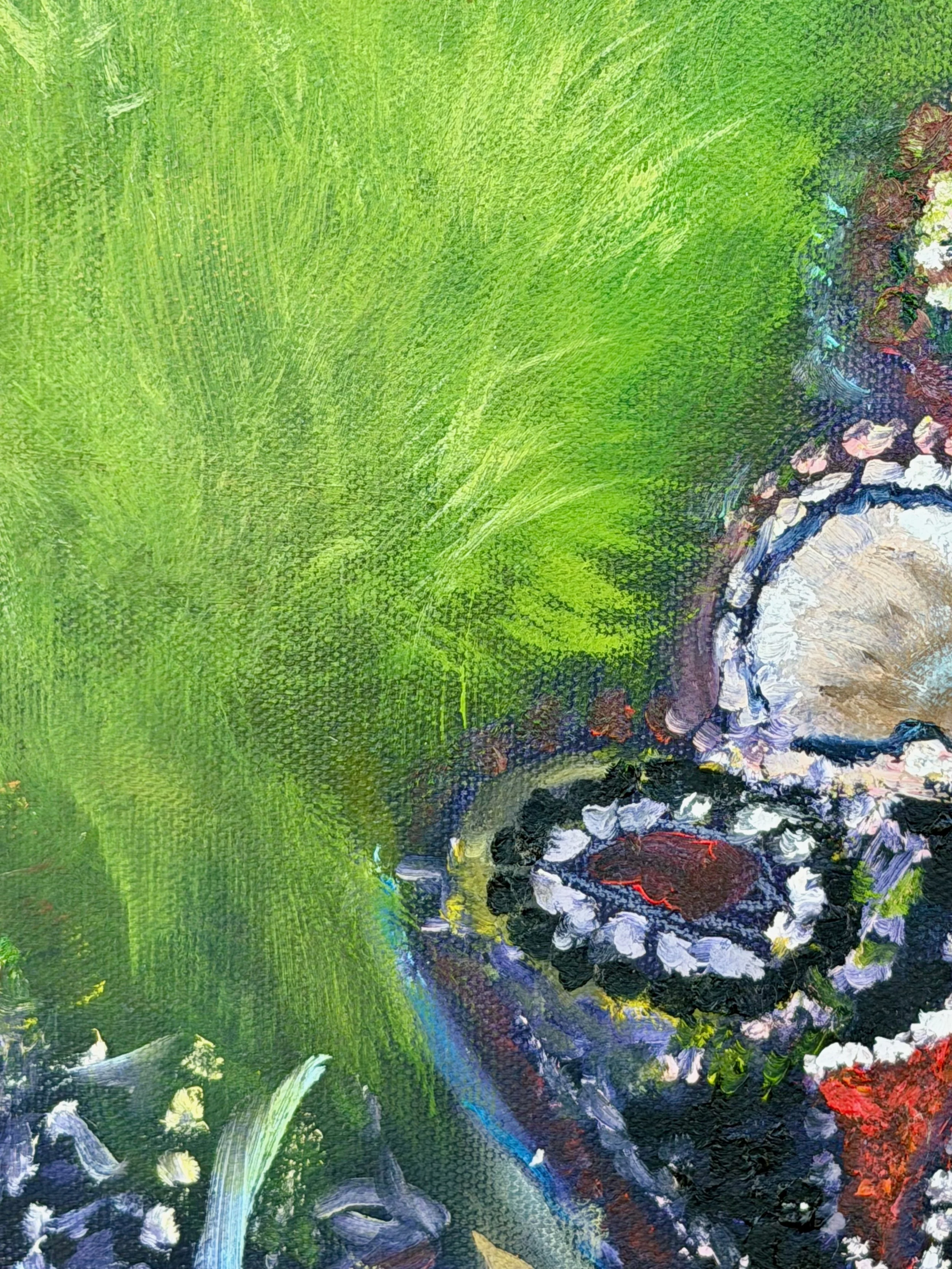 Close-up of an abstract painting featuring green, black, white, beige, and hints of red and blue colors with textured brushstrokes.