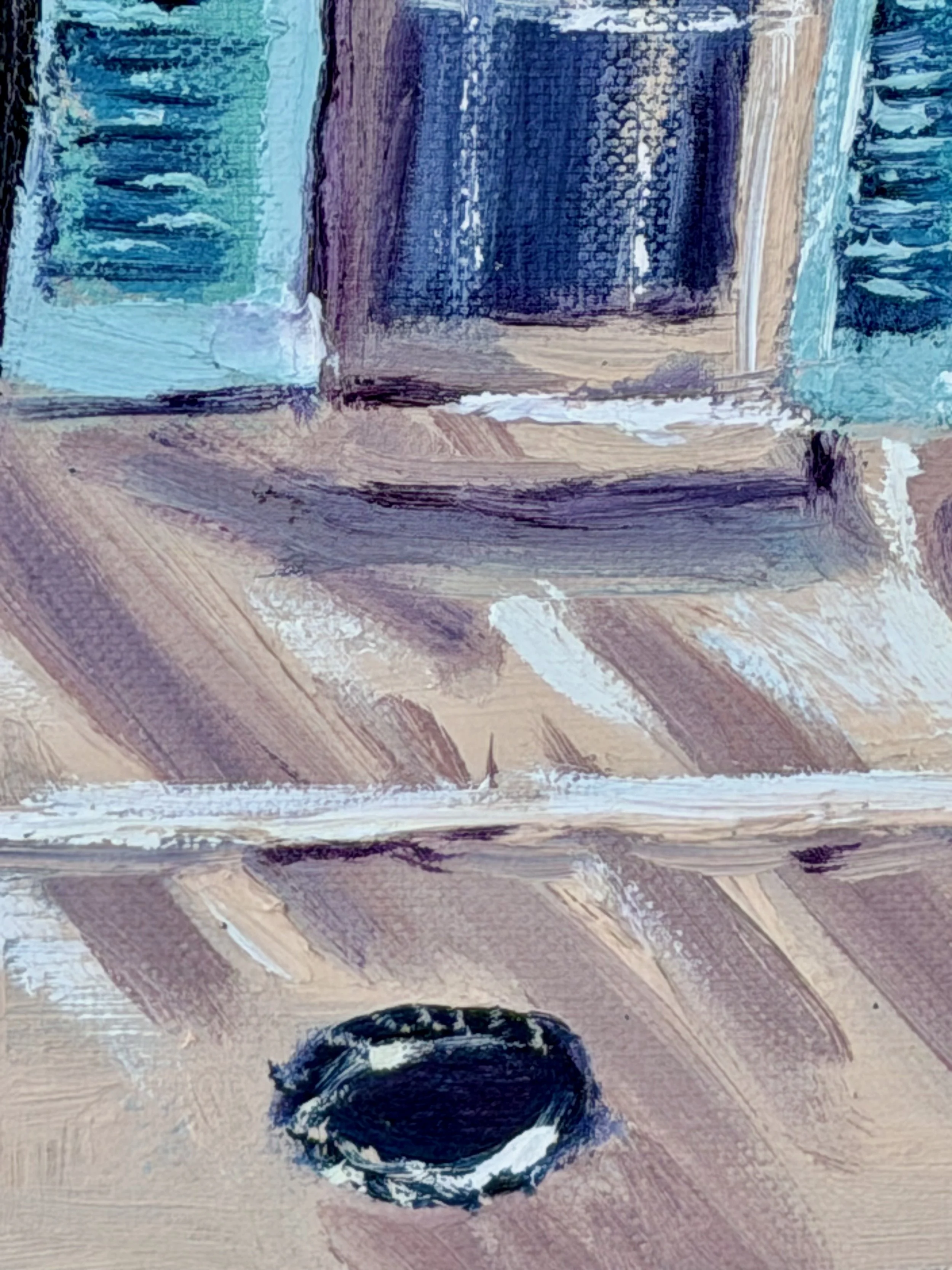 An abstract painting of a window with blue shutters and a round black and white ring on a wooden surface.